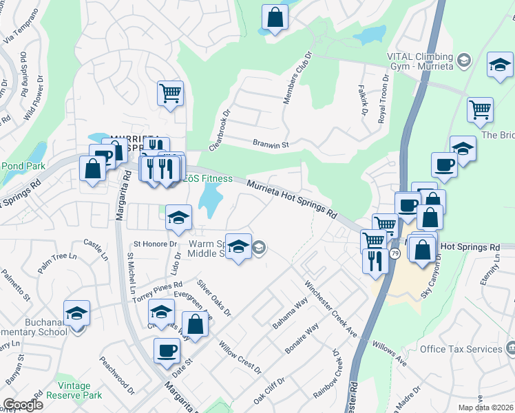map of restaurants, bars, coffee shops, grocery stores, and more near 28926 Calle Del Lago in Murrieta