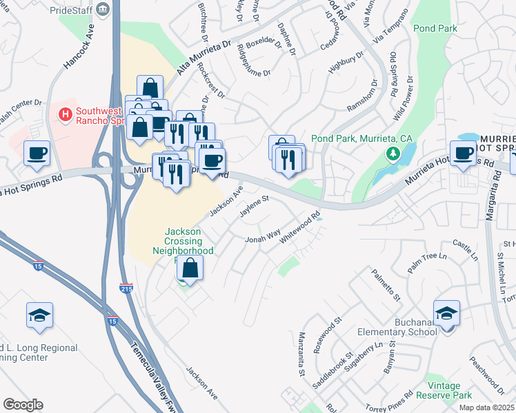 map of restaurants, bars, coffee shops, grocery stores, and more near 40114 Jaylene Street in Murrieta