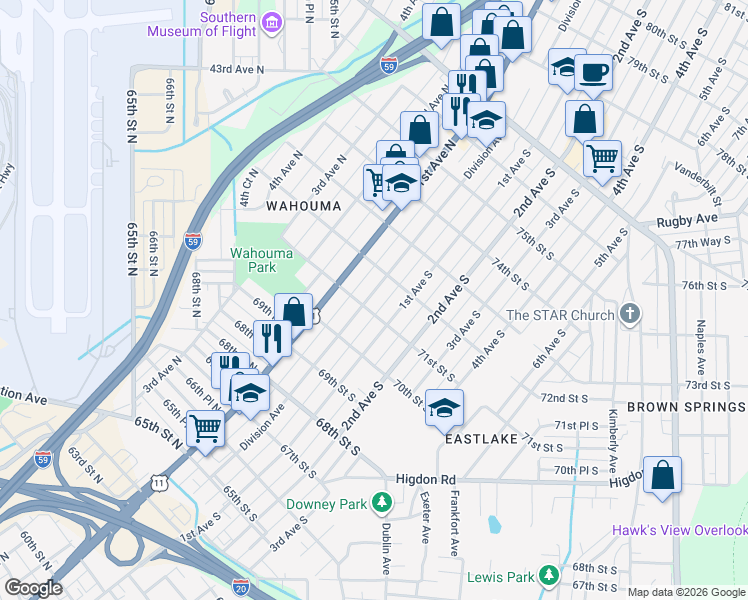 map of restaurants, bars, coffee shops, grocery stores, and more near 7109 Division Avenue in Birmingham