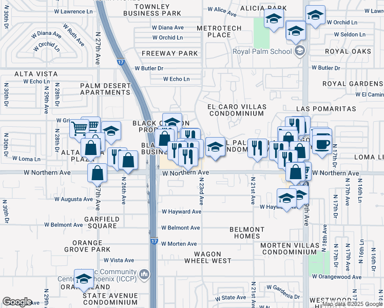 map of restaurants, bars, coffee shops, grocery stores, and more near 2224 West Northern Avenue in Phoenix