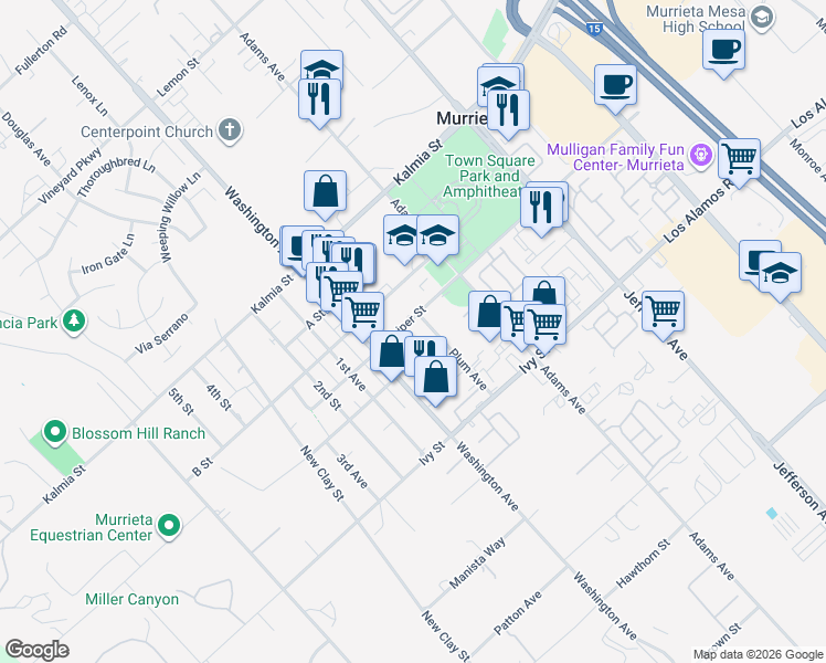map of restaurants, bars, coffee shops, grocery stores, and more near 41905 Juniper Street in Murrieta