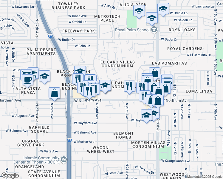 map of restaurants, bars, coffee shops, grocery stores, and more near 2201 West Royal Palm Road in Phoenix