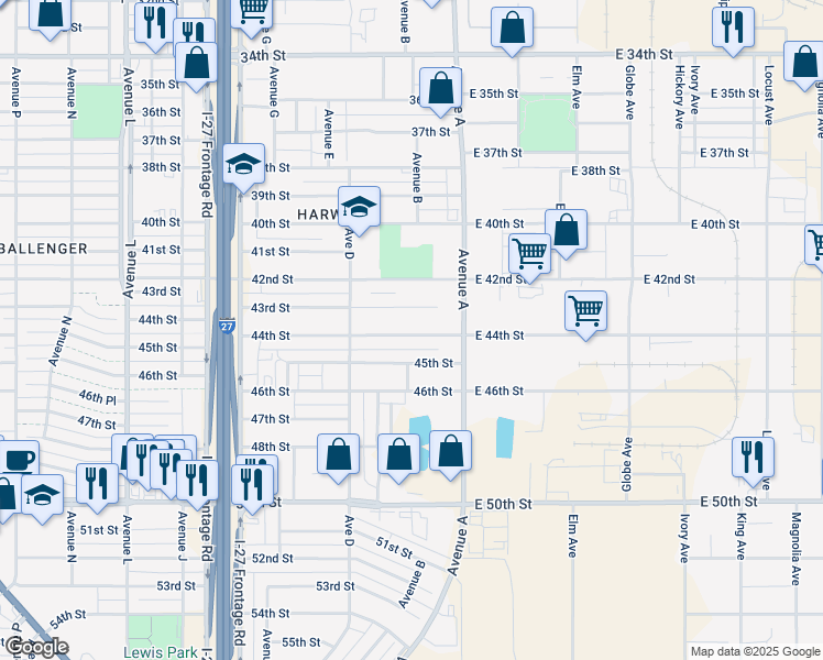 map of restaurants, bars, coffee shops, grocery stores, and more near 223 43rd Street in Lubbock