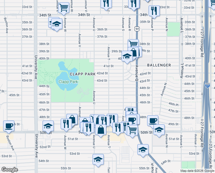map of restaurants, bars, coffee shops, grocery stores, and more near 2009 43rd Street in Lubbock