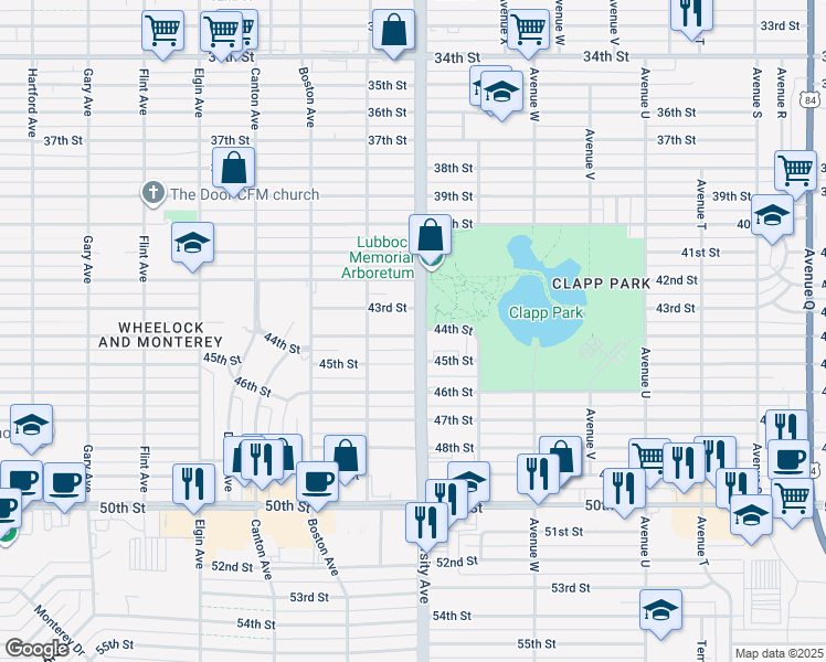 map of restaurants, bars, coffee shops, grocery stores, and more near 2505 43rd Street in Lubbock