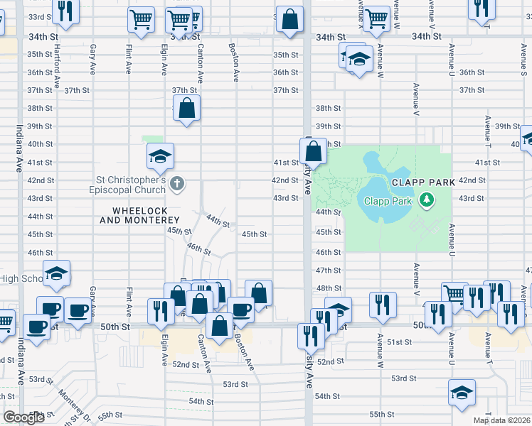 map of restaurants, bars, coffee shops, grocery stores, and more near 2519 43rd Street in Lubbock