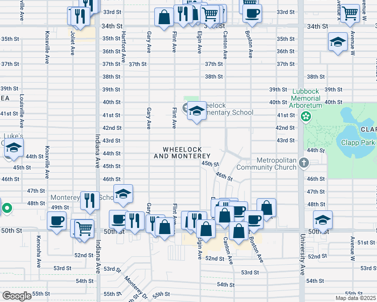 map of restaurants, bars, coffee shops, grocery stores, and more near in Lubbock