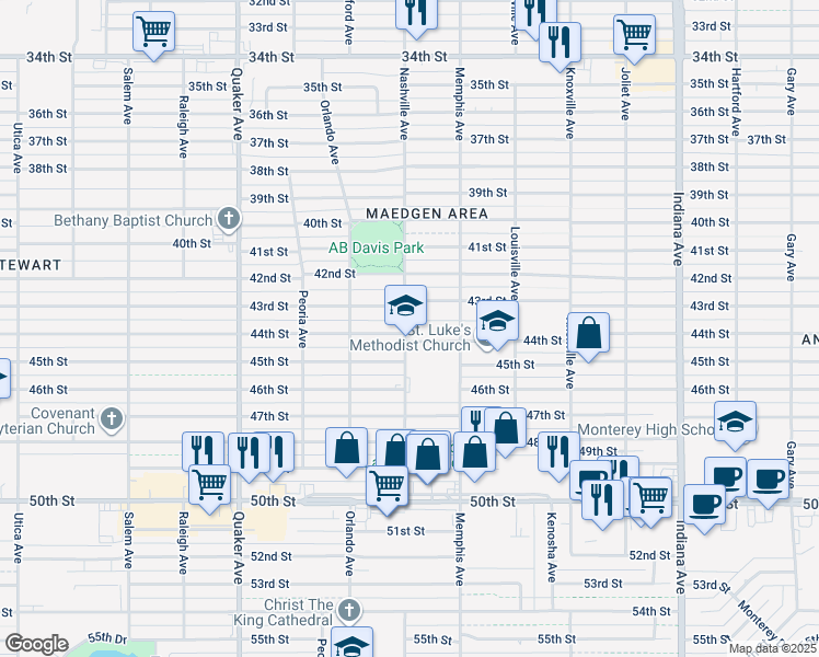 map of restaurants, bars, coffee shops, grocery stores, and more near 3813 43rd Street in Lubbock