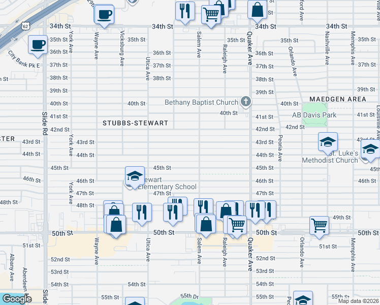 map of restaurants, bars, coffee shops, grocery stores, and more near 4605 43rd Street in Lubbock