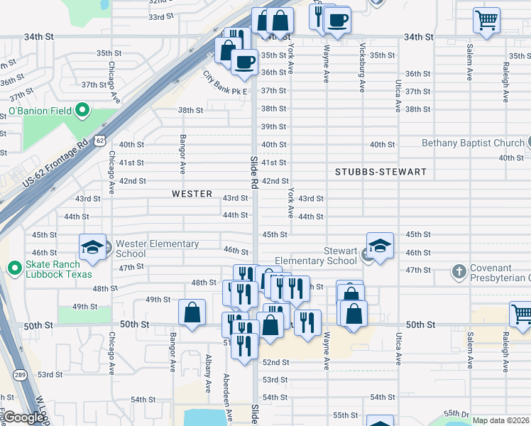 map of restaurants, bars, coffee shops, grocery stores, and more near 5115 43rd Street in Lubbock