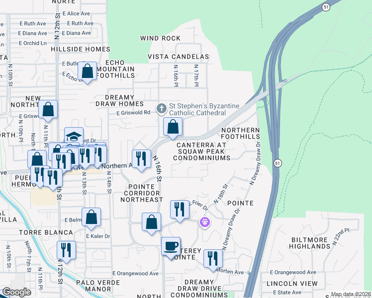 map of restaurants, bars, coffee shops, grocery stores, and more near in Phoenix