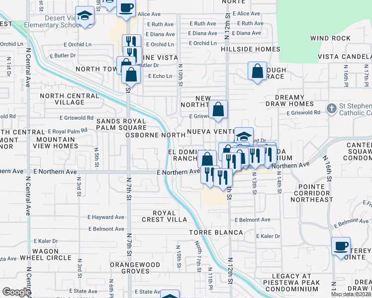 map of restaurants, bars, coffee shops, grocery stores, and more near 8106 North 10th Place in Phoenix