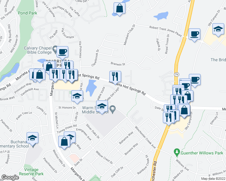 map of restaurants, bars, coffee shops, grocery stores, and more near 28980 Calle Del Lago in Murrieta