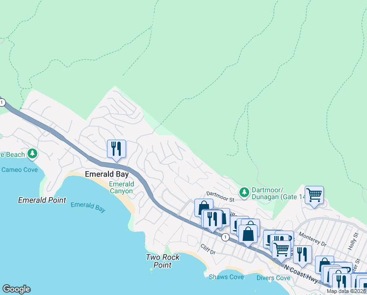 map of restaurants, bars, coffee shops, grocery stores, and more near 557 Emerald Bay in Laguna Beach