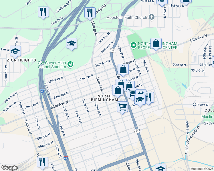 map of restaurants, bars, coffee shops, grocery stores, and more near 2421 34th Avenue North in Birmingham