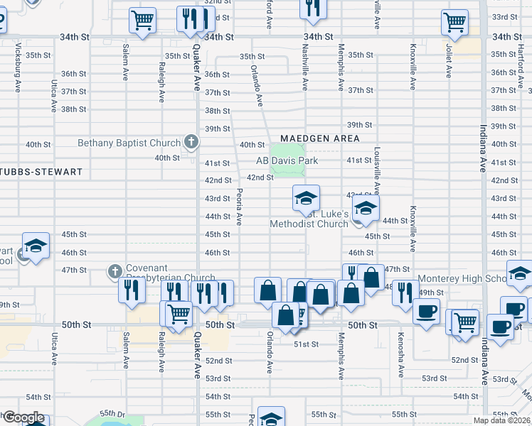 map of restaurants, bars, coffee shops, grocery stores, and more near 4201 43rd Street in Lubbock