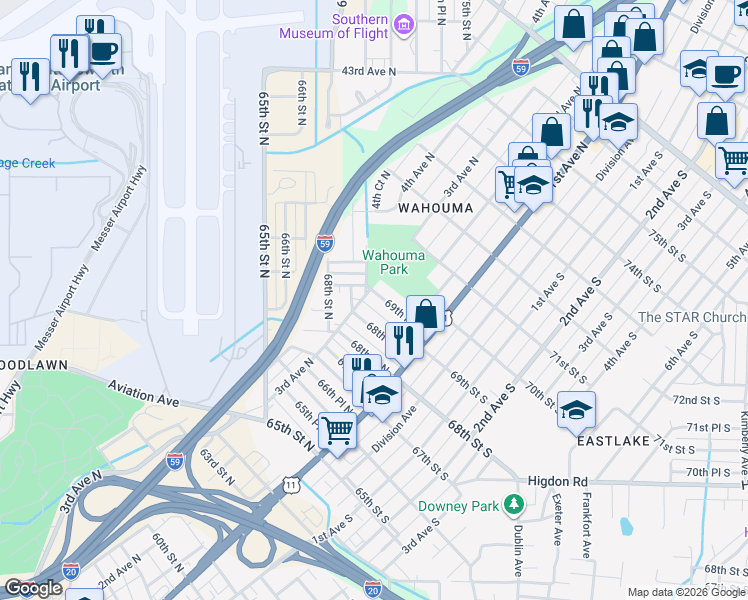map of restaurants, bars, coffee shops, grocery stores, and more near 229 69th Place North in Birmingham