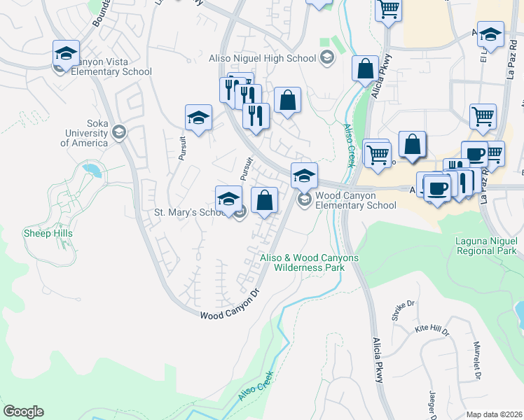map of restaurants, bars, coffee shops, grocery stores, and more near 134 Las Flores in Aliso Viejo