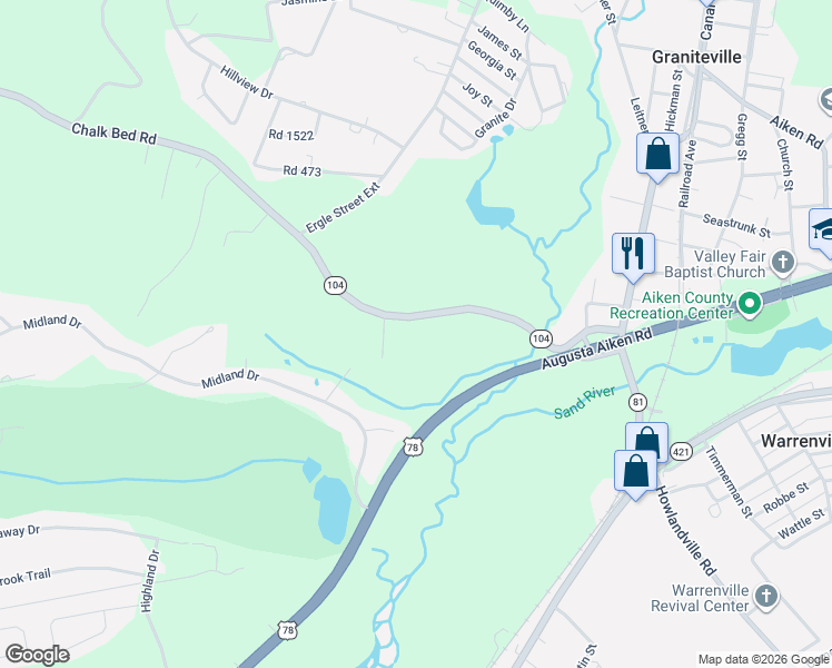 map of restaurants, bars, coffee shops, grocery stores, and more near 103 Chalk Bed Road in Graniteville