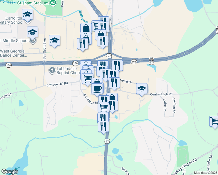 map of restaurants, bars, coffee shops, grocery stores, and more near 1301 Highway 27 South in Carrollton