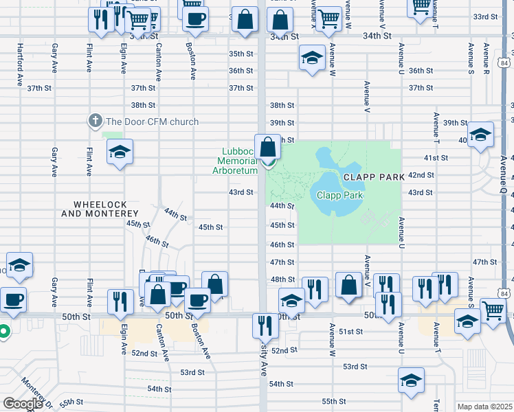 map of restaurants, bars, coffee shops, grocery stores, and more near 2505 43rd Street in Lubbock