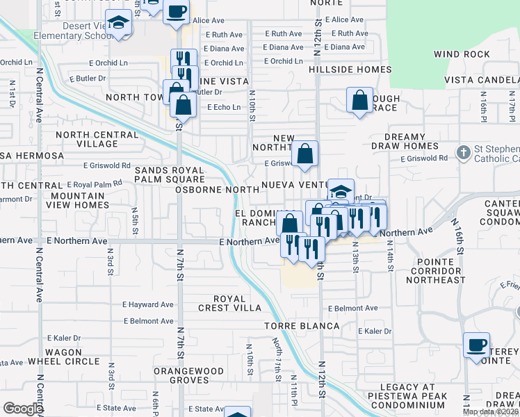 map of restaurants, bars, coffee shops, grocery stores, and more near 8106 North 10th Place in Phoenix