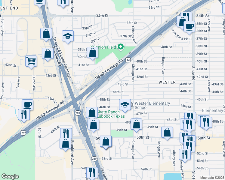 map of restaurants, bars, coffee shops, grocery stores, and more near 5614 Brownfield Drive in Lubbock