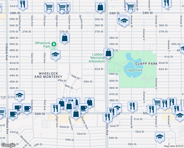 map of restaurants, bars, coffee shops, grocery stores, and more near 2519 43rd Street in Lubbock