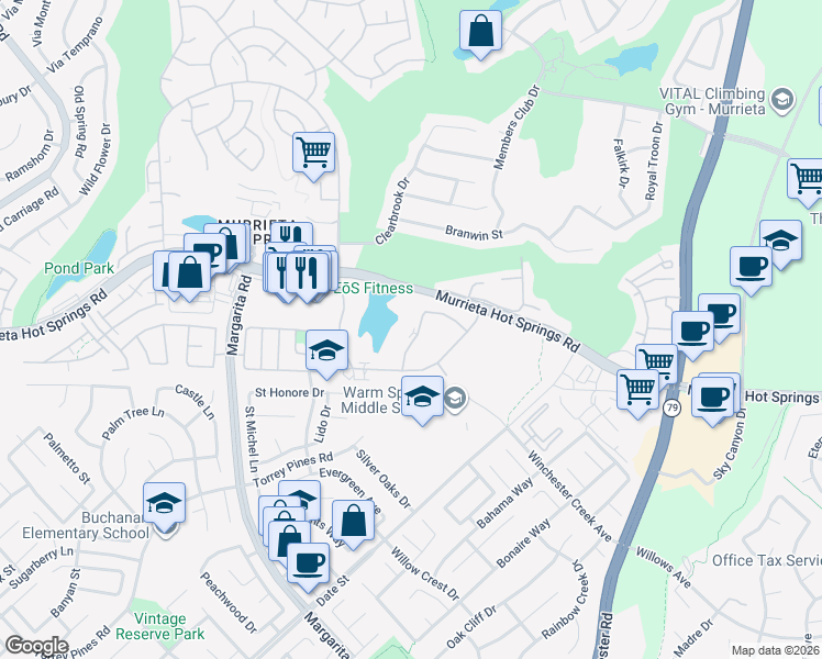 map of restaurants, bars, coffee shops, grocery stores, and more near 39071 Agua Vista in Murrieta
