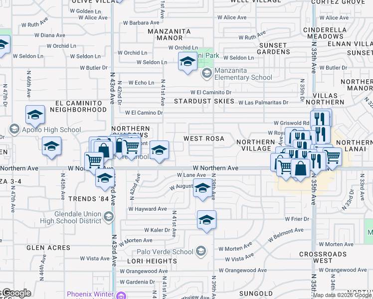 map of restaurants, bars, coffee shops, grocery stores, and more near 4015 West Royal Palm Road in Phoenix