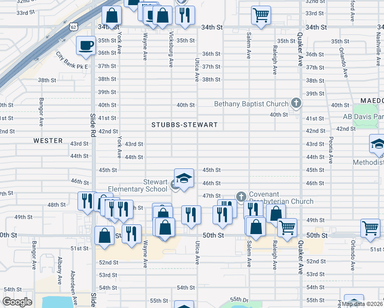 map of restaurants, bars, coffee shops, grocery stores, and more near 4805 43rd Street in Lubbock