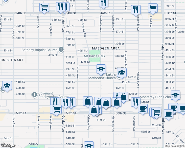 map of restaurants, bars, coffee shops, grocery stores, and more near 4007 43rd Street in Lubbock