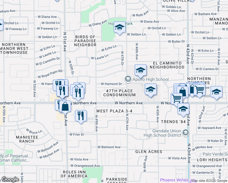 map of restaurants, bars, coffee shops, grocery stores, and more near 4809 West Harmont Drive in Glendale