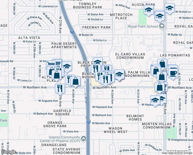 map of restaurants, bars, coffee shops, grocery stores, and more near 8041 Black Canyon Access Road in Phoenix