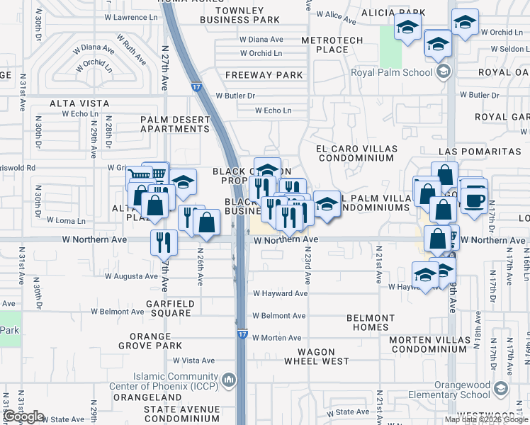 map of restaurants, bars, coffee shops, grocery stores, and more near 8041 Black Canyon Access Road in Phoenix