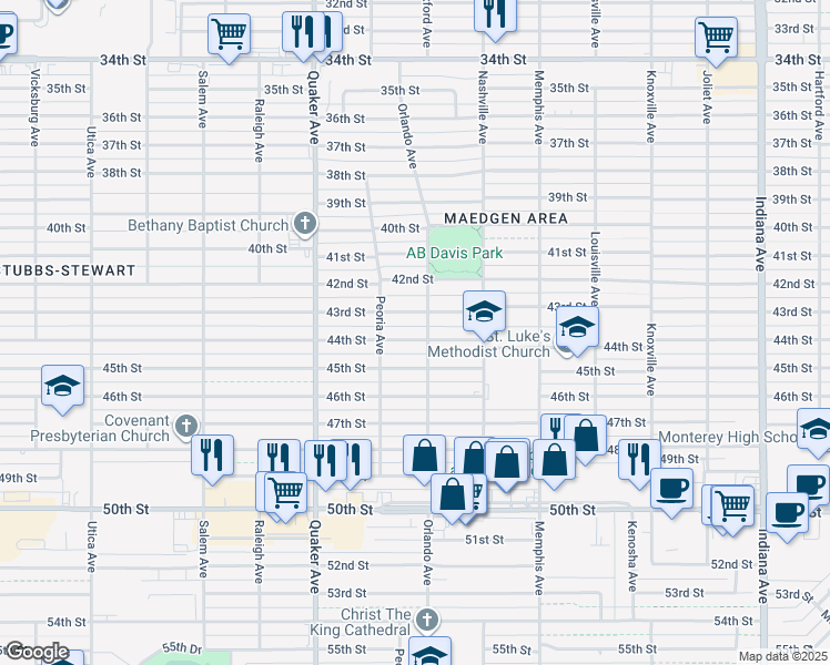 map of restaurants, bars, coffee shops, grocery stores, and more near 4201 43rd Street in Lubbock