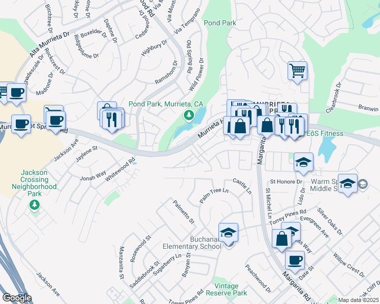 map of restaurants, bars, coffee shops, grocery stores, and more near 26133 Williams Way in Murrieta