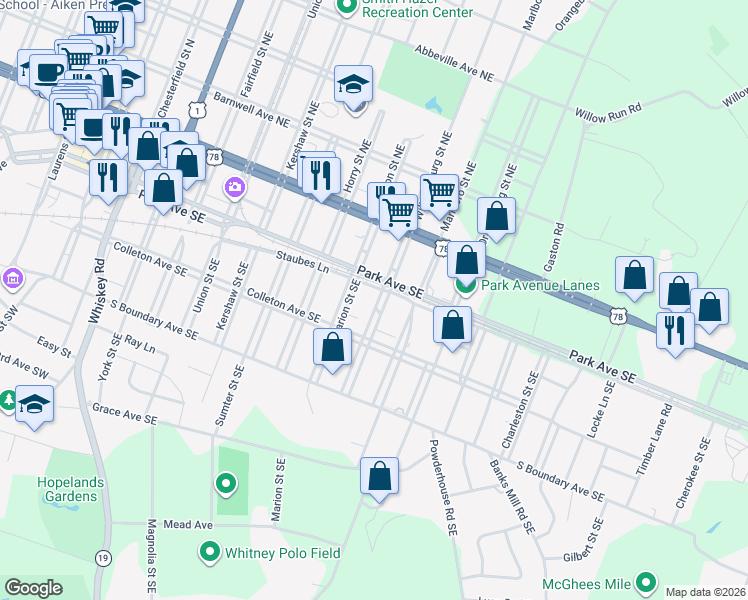 map of restaurants, bars, coffee shops, grocery stores, and more near 821 Staubes Lane in Aiken
