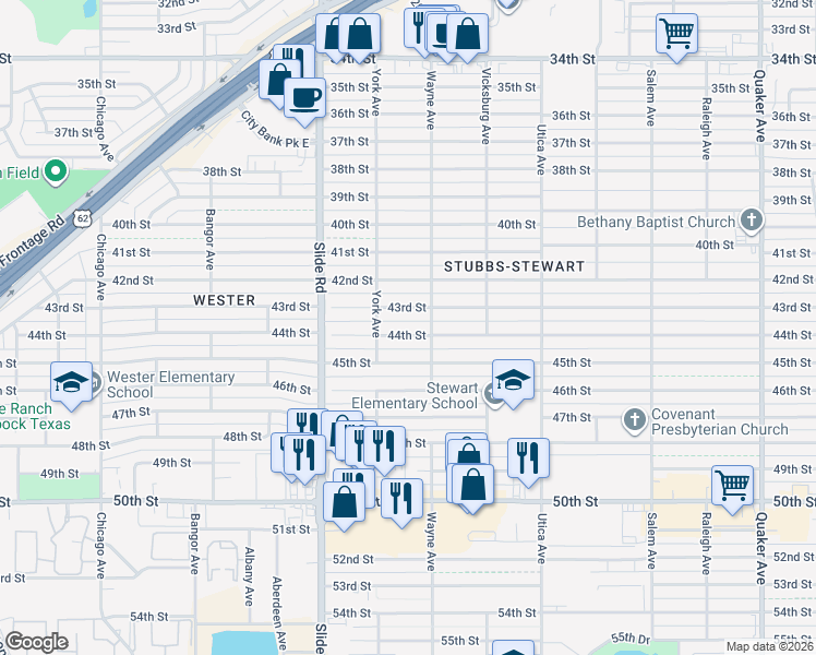 map of restaurants, bars, coffee shops, grocery stores, and more near 5007 43rd Street in Lubbock