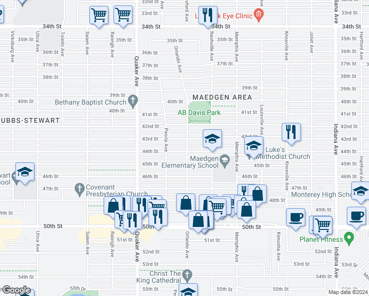 map of restaurants, bars, coffee shops, grocery stores, and more near 4202 44th Street in Lubbock