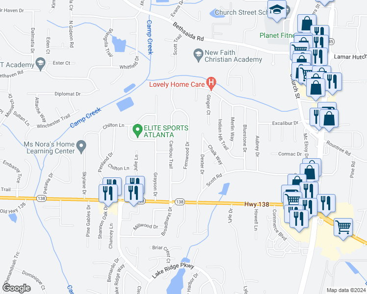 map of restaurants, bars, coffee shops, grocery stores, and more near 7349 Fernwood Drive in Riverdale