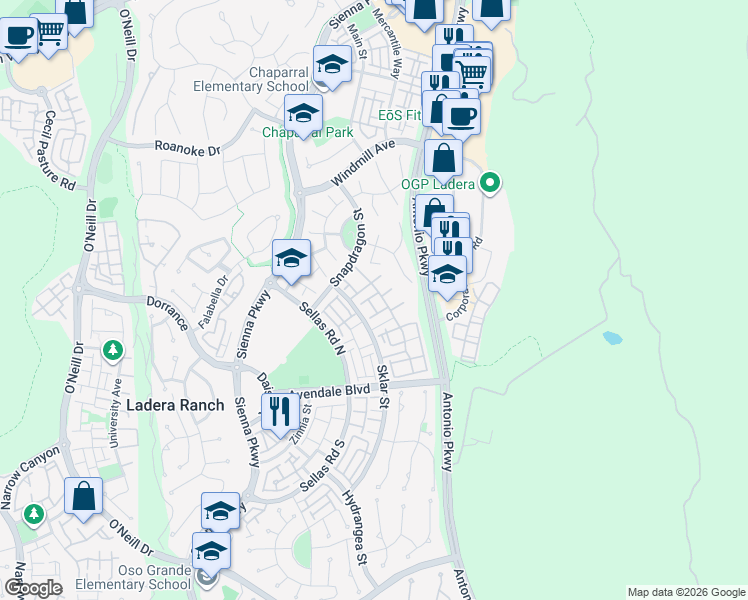 map of restaurants, bars, coffee shops, grocery stores, and more near 27 Savannah Lane in Ladera Ranch