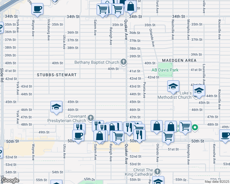 map of restaurants, bars, coffee shops, grocery stores, and more near 4416 44th Street in Lubbock