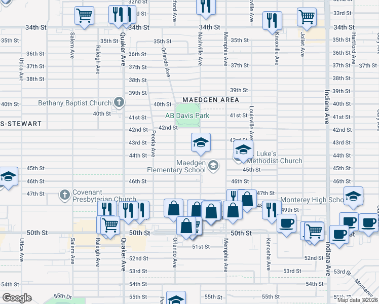 map of restaurants, bars, coffee shops, grocery stores, and more near 4007 43rd Street in Lubbock