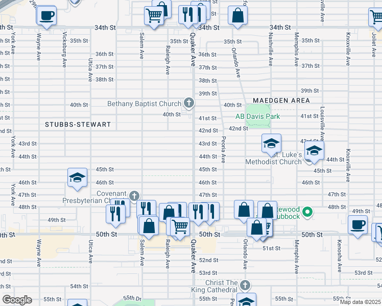 map of restaurants, bars, coffee shops, grocery stores, and more near 4403 43rd Street in Lubbock