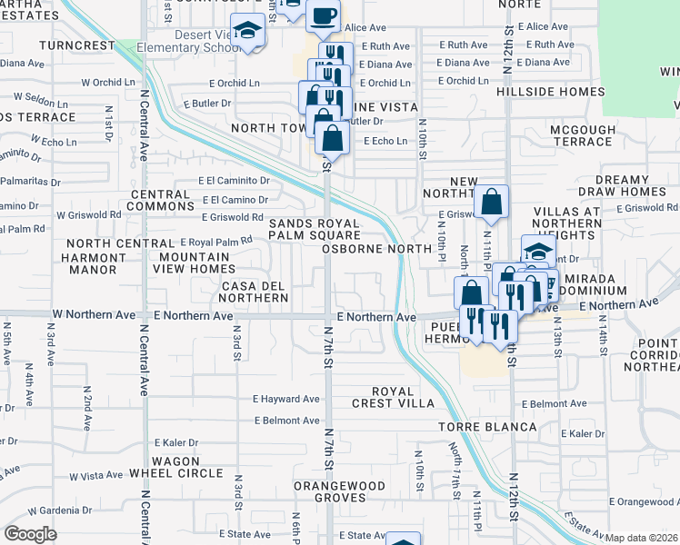 map of restaurants, bars, coffee shops, grocery stores, and more near 701 East Harmont Drive in Phoenix