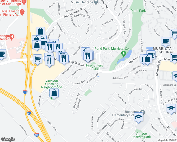 map of restaurants, bars, coffee shops, grocery stores, and more near 26202 Jaylene Street in Murrieta