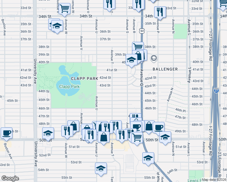 map of restaurants, bars, coffee shops, grocery stores, and more near 1915 43rd Street in Lubbock