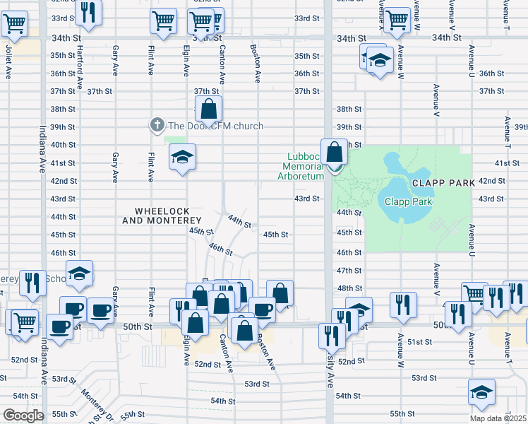 map of restaurants, bars, coffee shops, grocery stores, and more near 2613 43rd Street in Lubbock