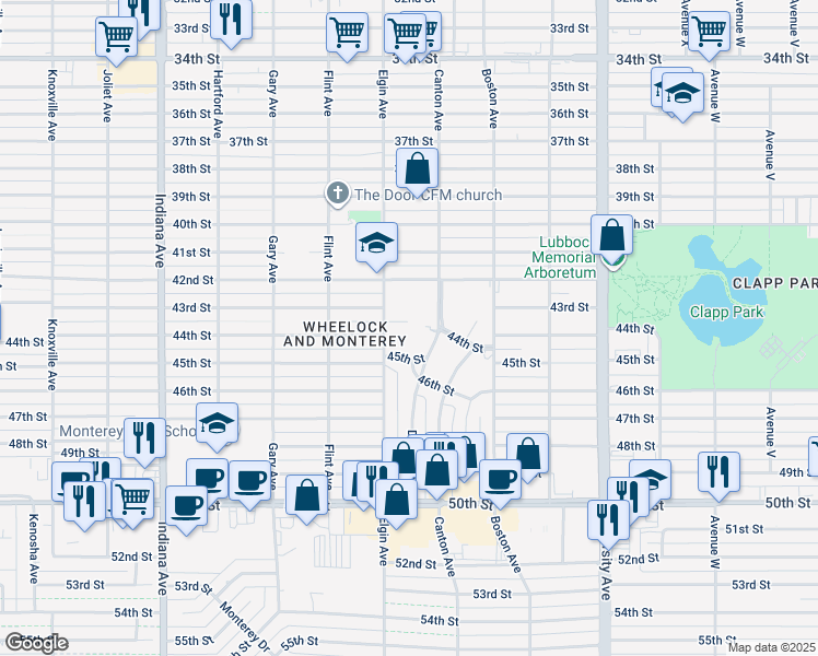 map of restaurants, bars, coffee shops, grocery stores, and more near 2816 43rd Street in Lubbock
